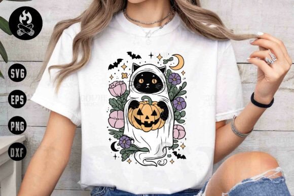 Cute Ghost Cat with Pumpkin SVG