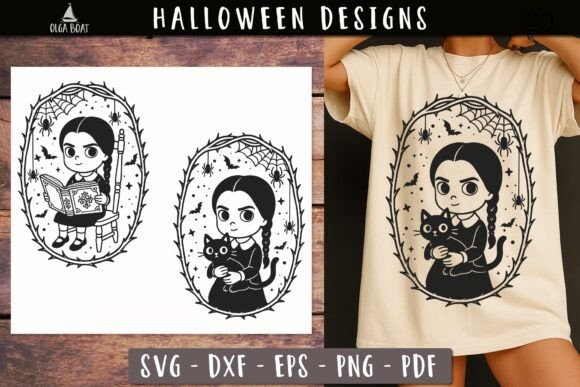 Gothic Girl Black Cat Book Halloween SVG
