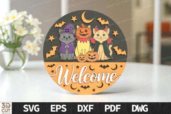 Halloween Cat Round Welcome Sign