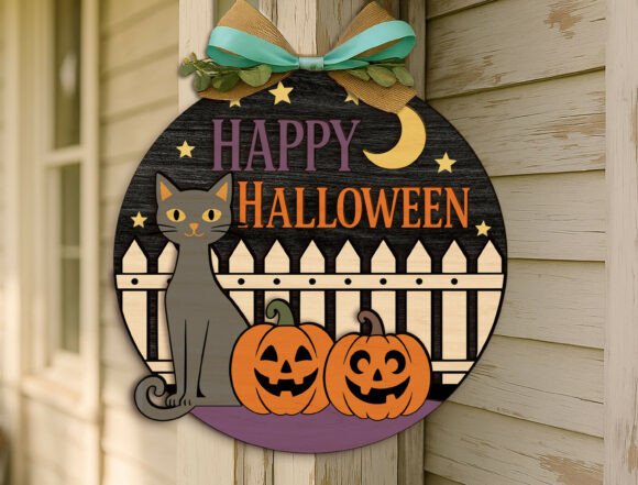 Happy Halloween Black Cute Cat Door Sign
