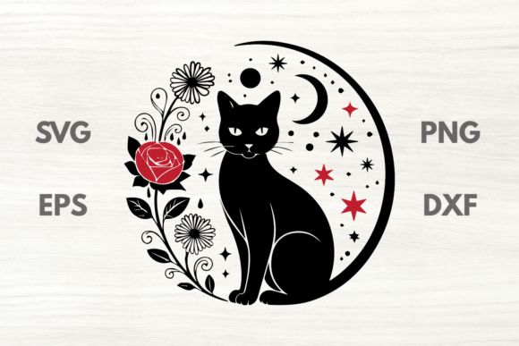 Mystical Rose Cat with Moon SVG