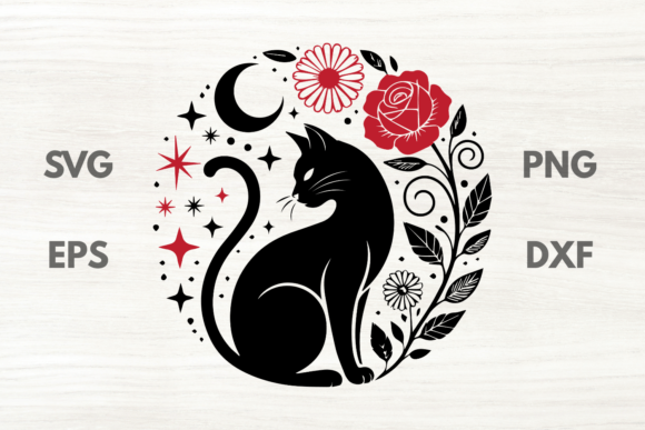 Rose Black Cat with Moon SVG