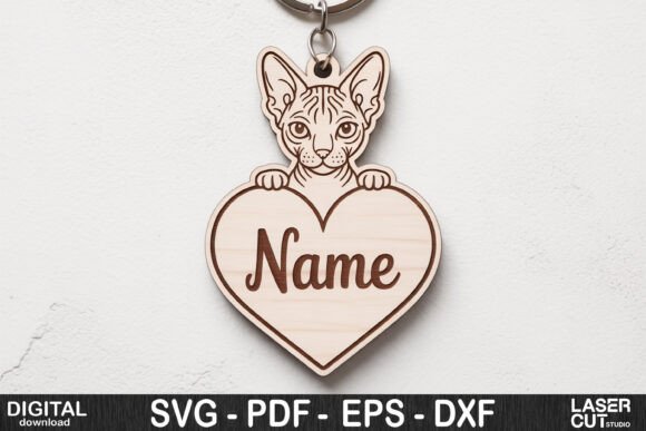 Sphynx Cat Heart Name Keychain