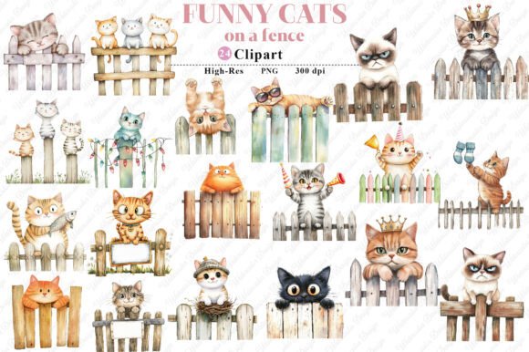 Watercolor Funny Cats on Fence Clipart